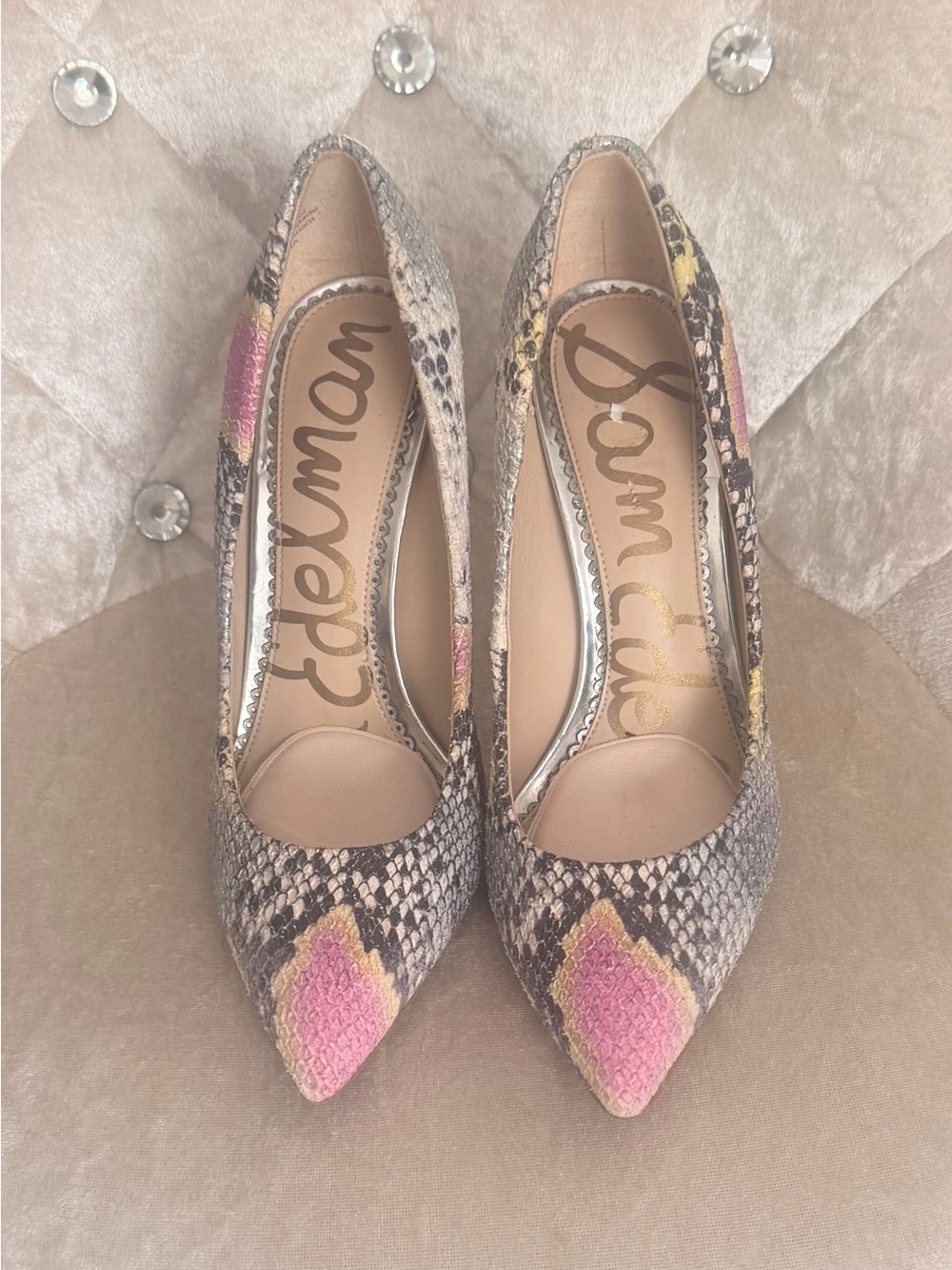 Sam Edelman Snake-Print Pointed-Toe Pumps with Pink & Yellow Accents